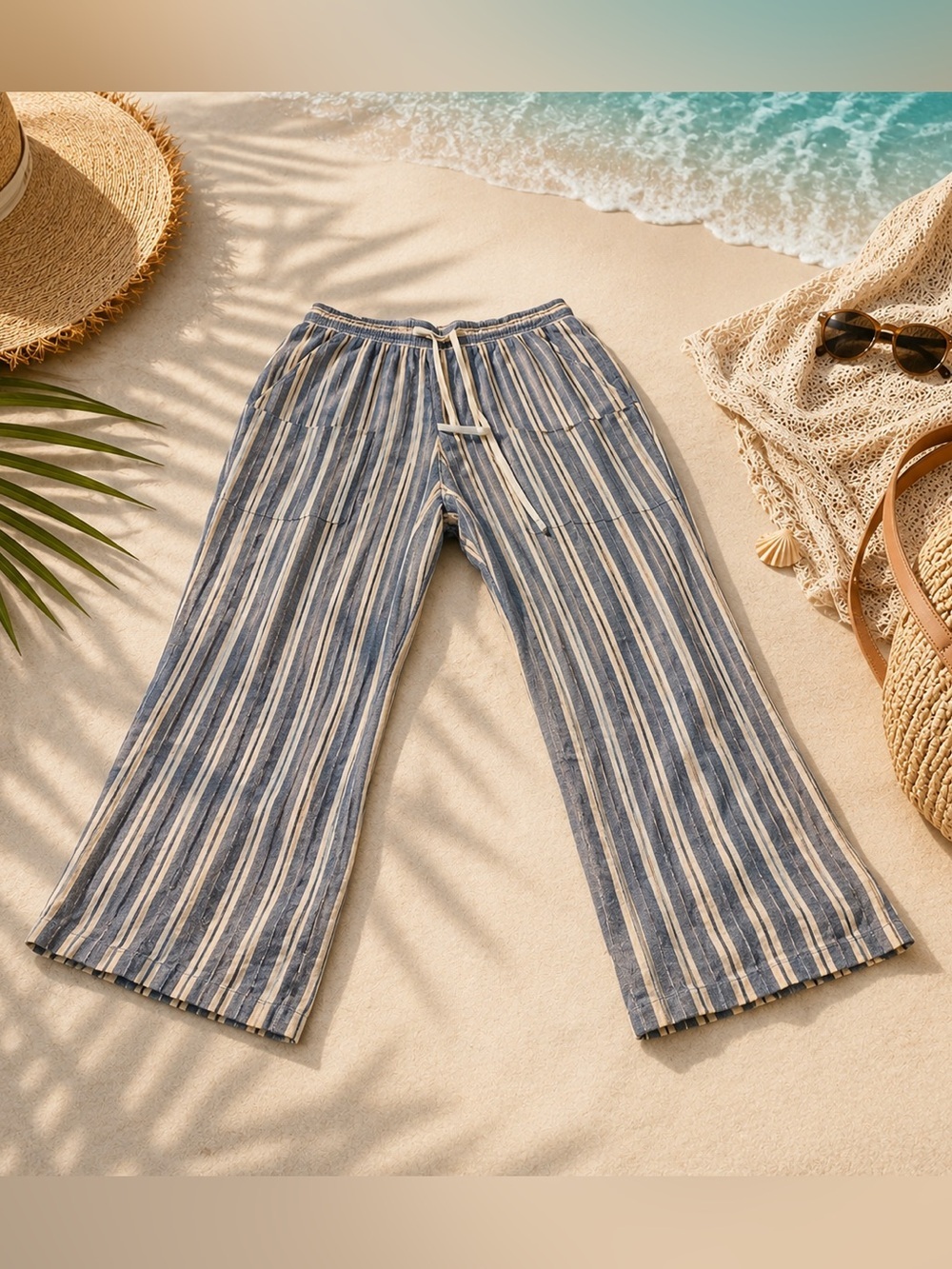 EST. 1946 Linen Blend 14/16 Wide Leg Cropped Beach Coastal Pants Navy & Whitr